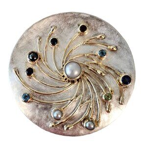 Michou Sterling Silver Gold Vermeil Modernist Pearl Gemstone Brooch Pendant L63